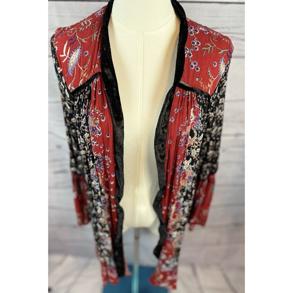 Angie Floral Paisley Kimono Cardigan S Red Black Velvet Trim Boho Hippie Sleeve - Picture 2 of 5